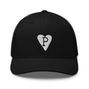 Black Retro Trucker Snapback Hat with The Recycled Pirate Heart Logo in White